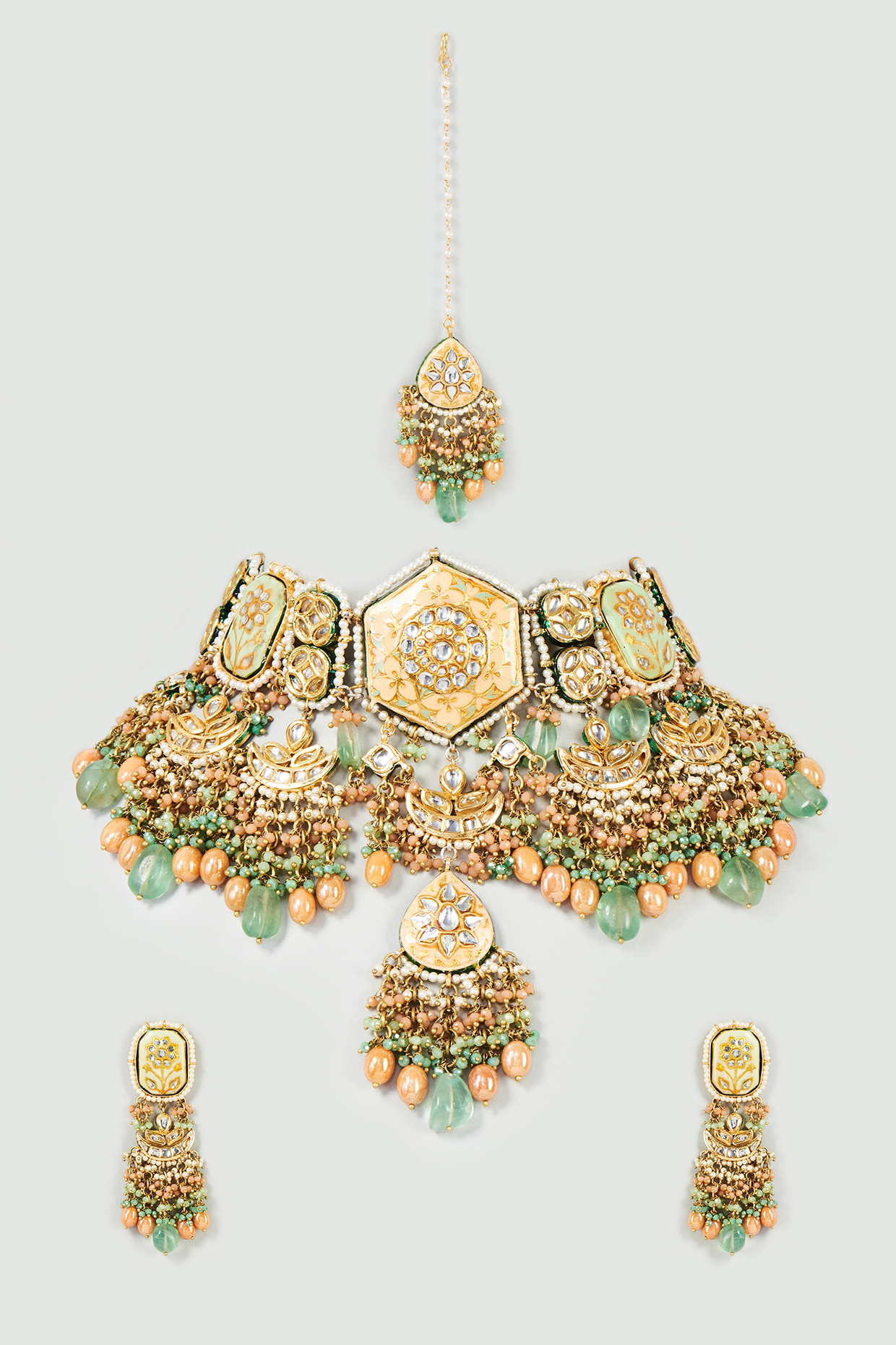 Gold Finish Pink Quartz & Imitation Polki Meenakari Choker Necklace Set by Tad Accessories
