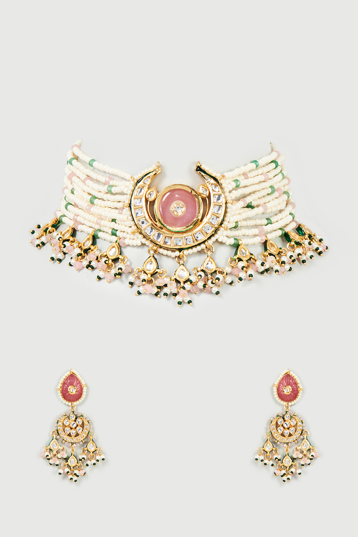 Gold Finish White Pearl & Imitation Polki Meenakari Choker Necklace Set by Tad Accessories