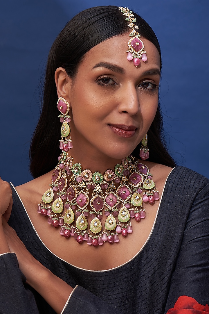 Gold Finish Pink Imitation Polki & Semi-Precious Stone Meenakari Necklace Set by Tad Accessories