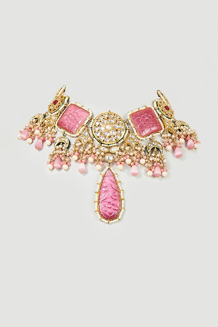 Gold Finish Pink Imitation Polki & Semi-Precious Stone Meenakari Necklace by Tad Accessories at Pernia's Pop Up Shop