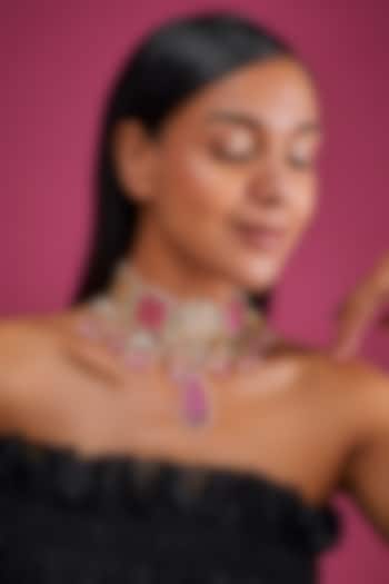 Gold Finish Pink Imitation Polki & Semi-Precious Stone Meenakari Necklace by Tad Accessories at Pernia's Pop Up Shop