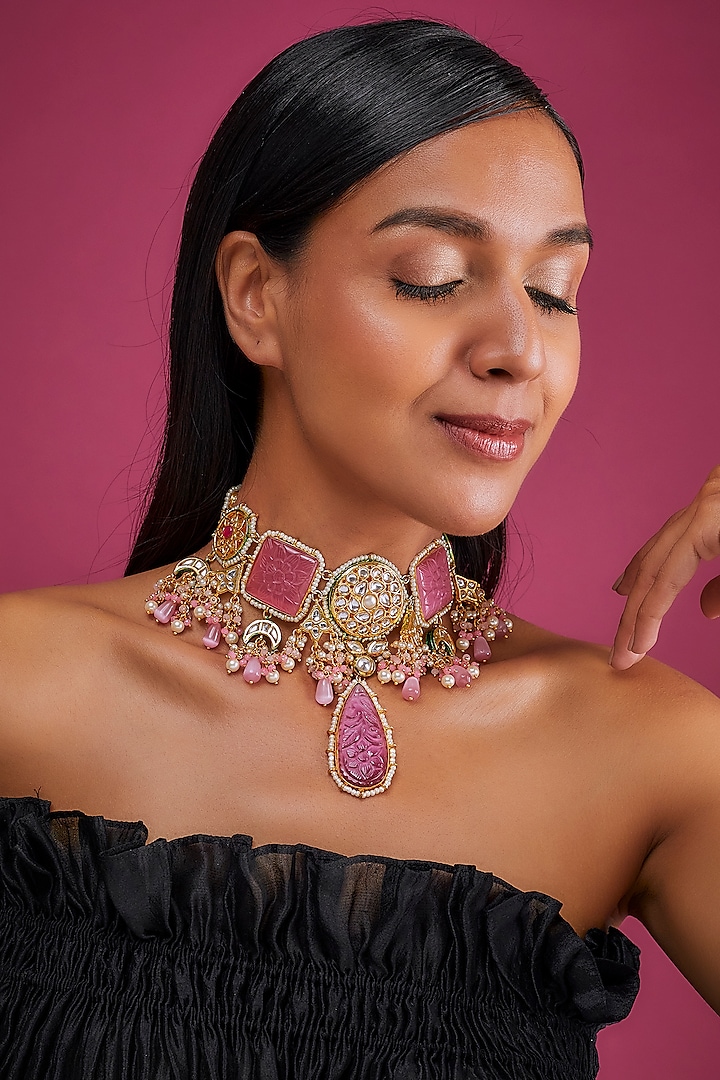 Gold Finish Pink Imitation Polki & Semi-Precious Stone Meenakari Necklace by Tad Accessories at Pernia's Pop Up Shop