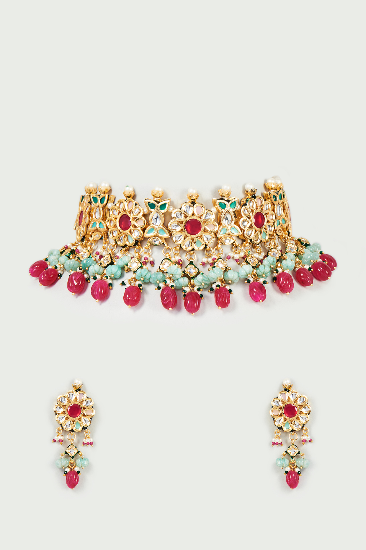 Gold Finish Red Quartz & Imitation Polki Meenakari Necklace Set by Tad Accessories