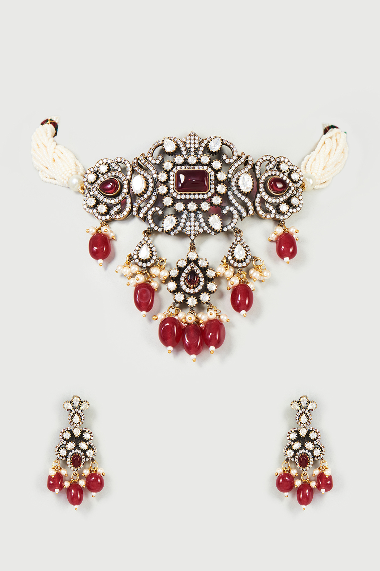 Two Tone Finish Red Imitation Polki & Semi-Precious Stone Choker Necklace Set by Tad Accessories