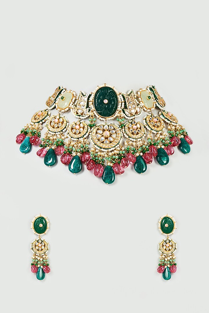 Black Rhodium Finish Green Quartz & Imitation Polki Choker Necklace Set by Tad Accessories at Pernia's Pop Up Shop