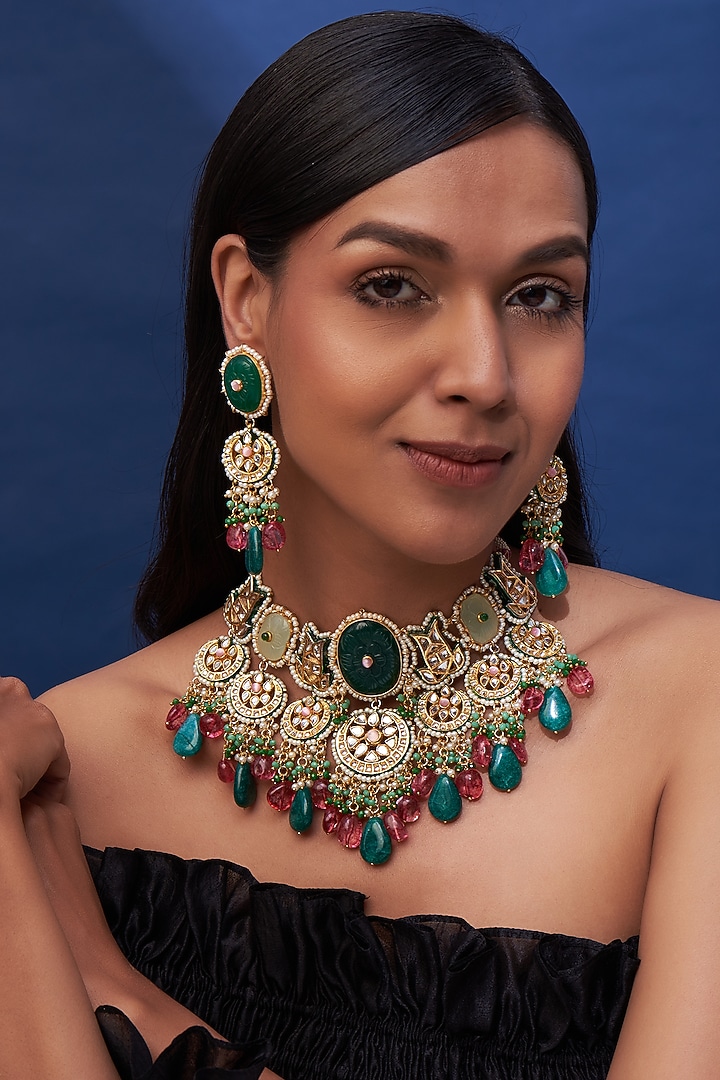 Black Rhodium Finish Green Quartz & Imitation Polki Choker Necklace Set by Tad Accessories at Pernia's Pop Up Shop