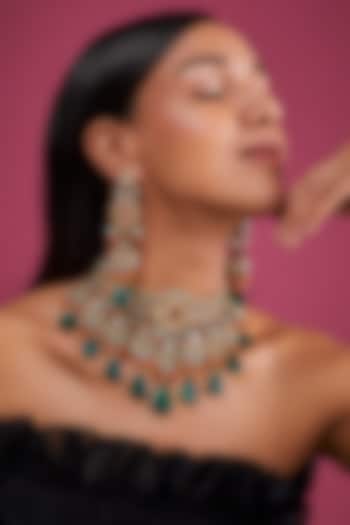 Gold Finish Green Agate Stone & Semi-Precious Stone Meenakari Necklace Set by Tad Accessories at Pernia's Pop Up Shop