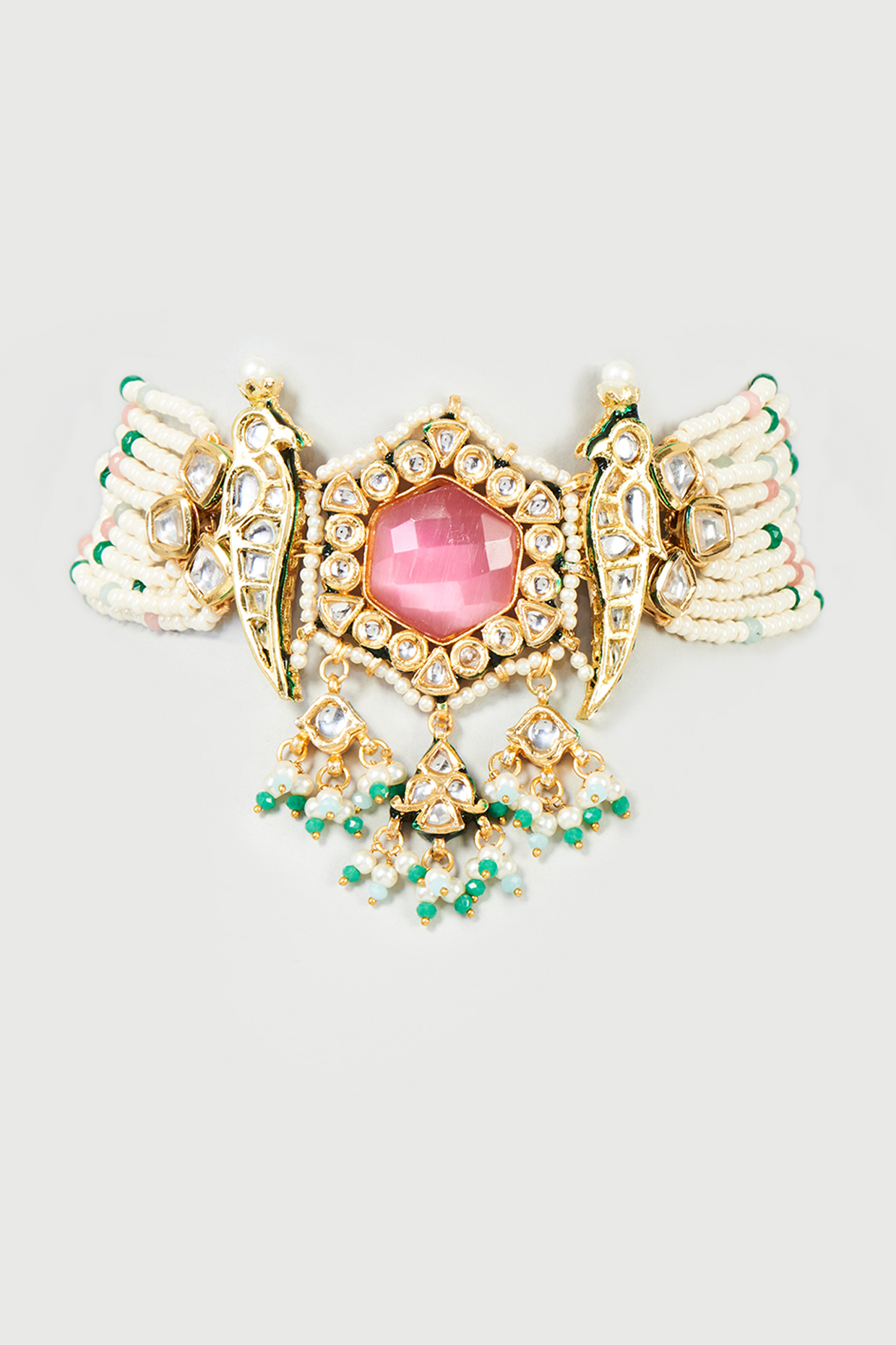 Gold Finish White Imitation Polki & Semi-Precious Stone Meenakari Choker Necklace by Tad Accessories