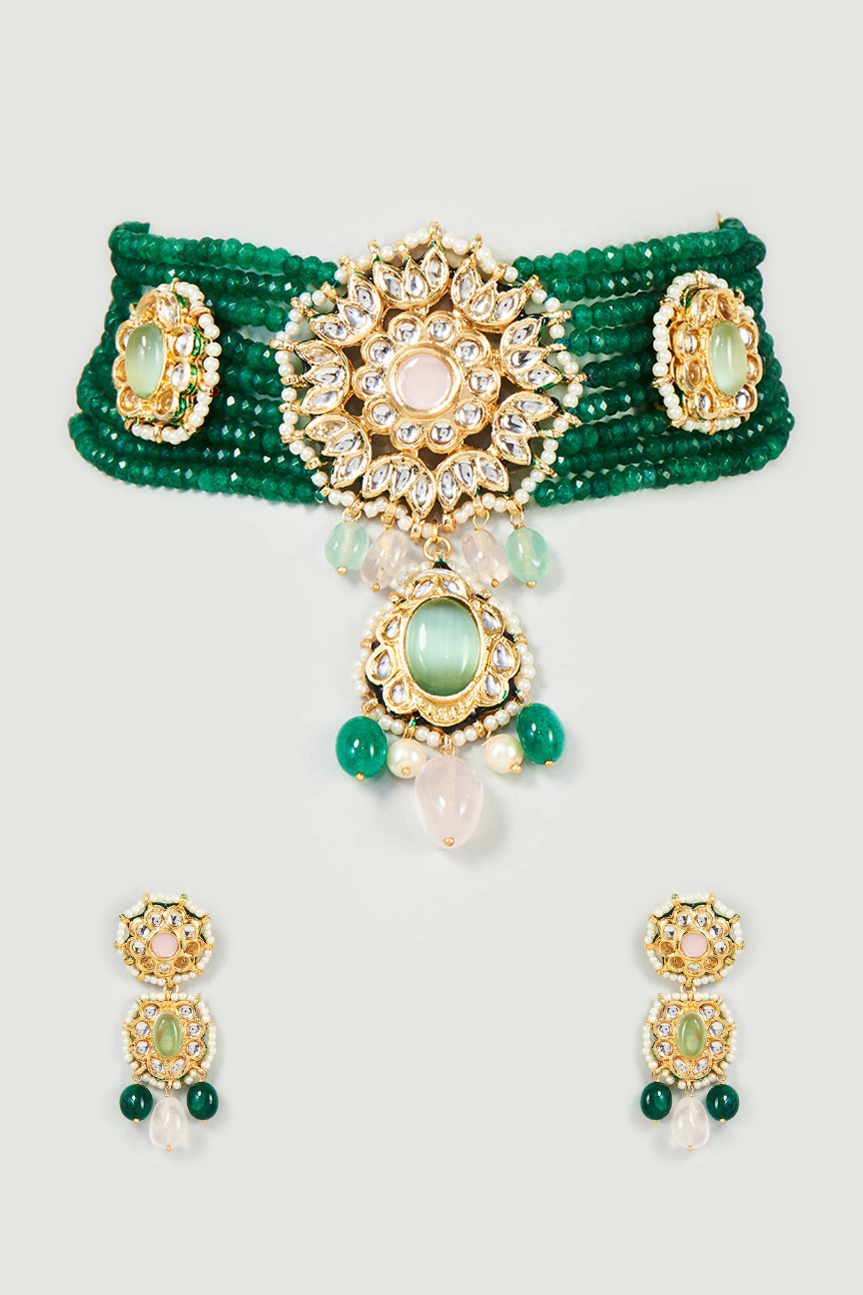 Gold Finish Green Quartz & Imitation Polki Meenakari Choker Necklace Set by Tad Accessories
