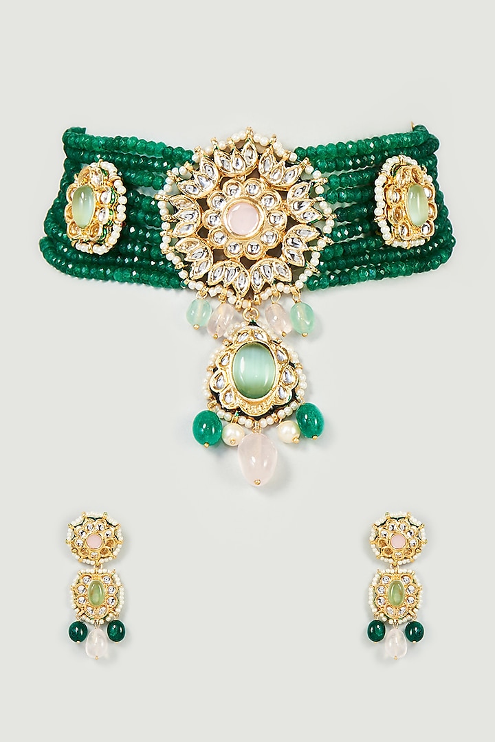 Gold Finish Green Quartz & Imitation Polki Meenakari Choker Necklace Set by Tad Accessories