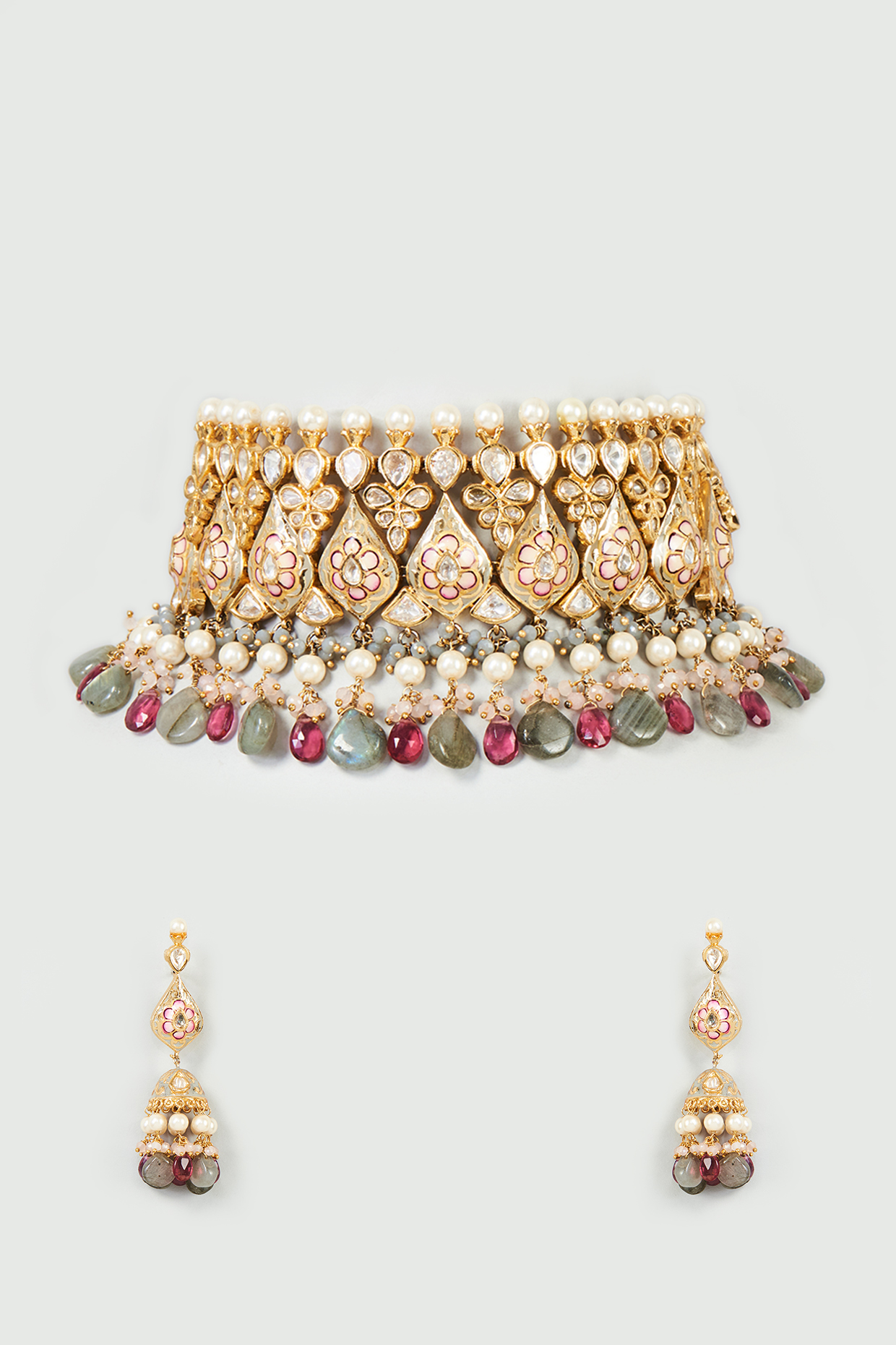 Gold Finish Multi-Colored Quartz & Imitation Polki Meenakari Choker Necklace Set by Tad Accessories
