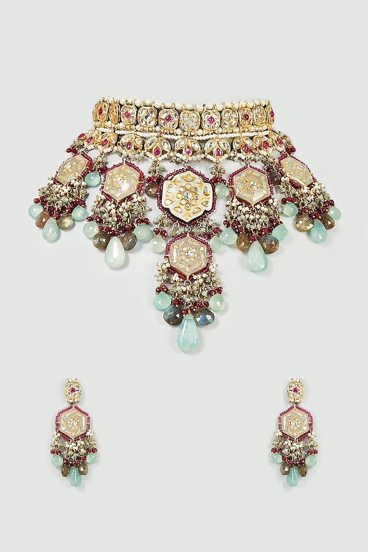 Gold Finish Aqua Quartz & Imitation Polki Meenakari Necklace Set by Tad Accessories