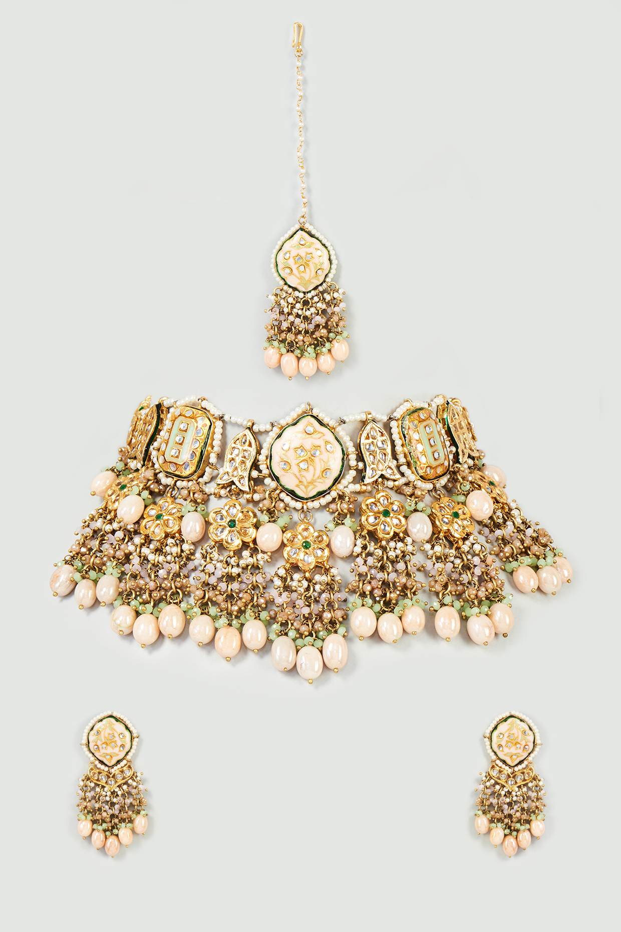 Gold Finish Pink Quartz & Imitation Polki Meenakari Necklace Set by Tad Accessories