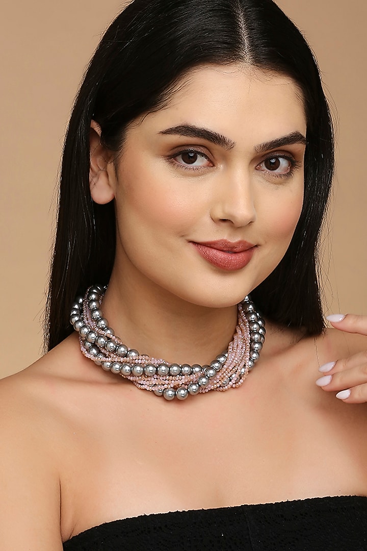 White Finish Crystal Beaded & Shell Pearl Necklace by Tad Accessories at Pernia's Pop Up Shop