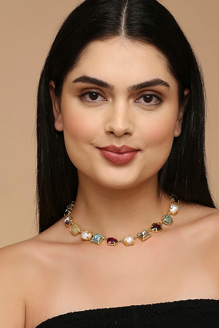 Gold Finish Swarovski & Pearl Necklace by Tad Accessories at Pernia's Pop Up Shop