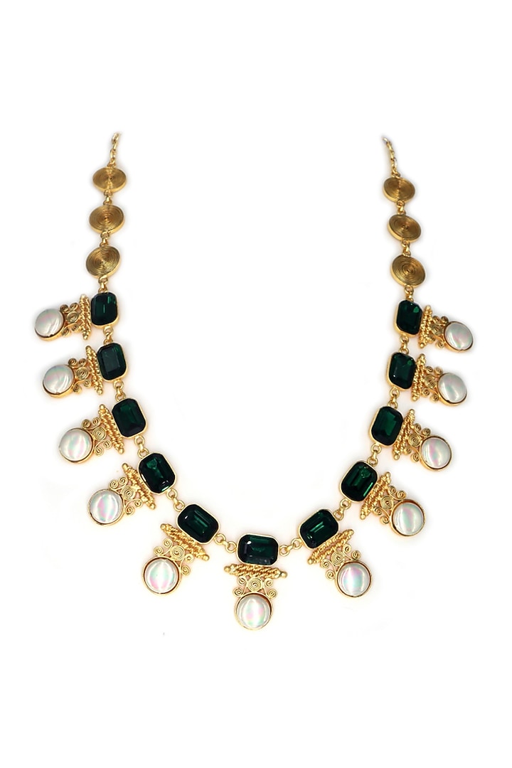 Gold Finish Swarovski Crystal & Pearl Necklace by Tad Accessories at Pernia's Pop Up Shop