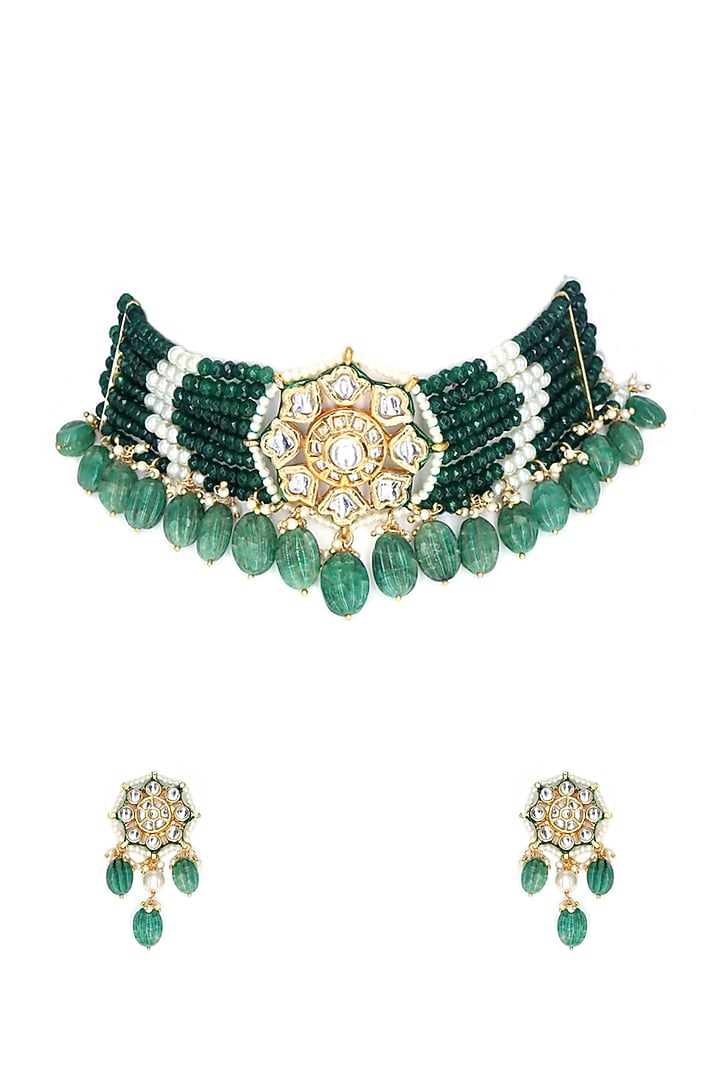 Gold Finish Green Kundan Polki Choker Necklace Set by Tad Accessories at Pernia's Pop Up Shop