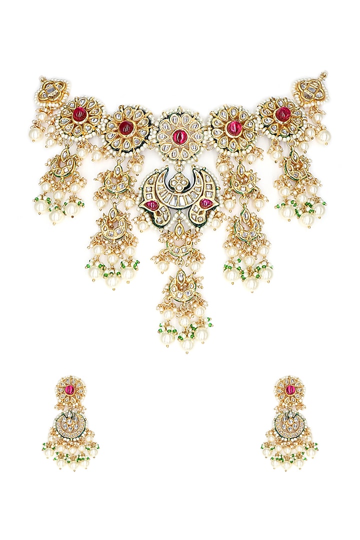 Gold Finish Red Synthetic Stone & Kundan Polki Necklace Set by Tad Accessories at Pernia's Pop Up Shop