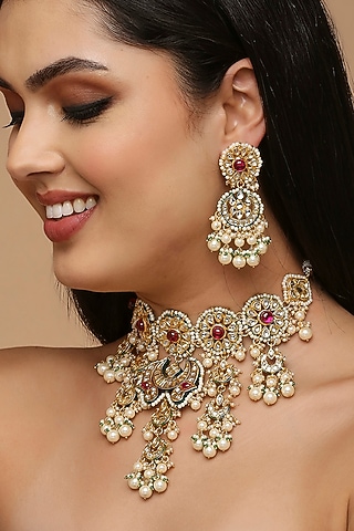 Gold Finish Red Synthetic Stone & Kundan Polki Necklace Set by Tad Accessories