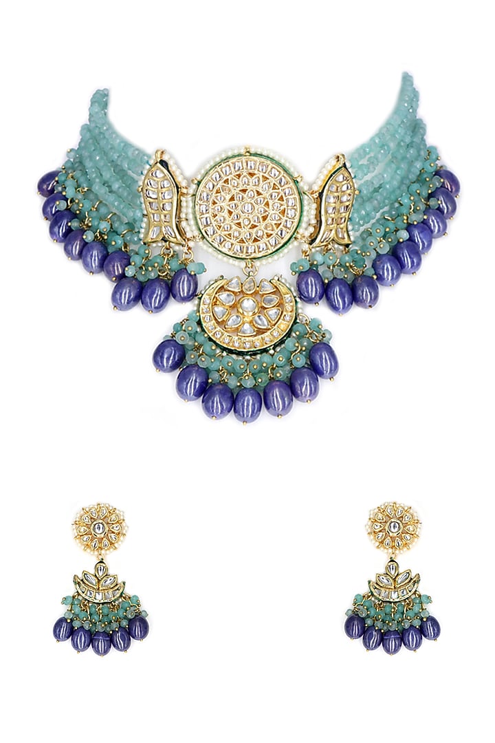 Two Tone Finish Aqua Imitation Kundan Polki Choker Necklace Set by Tad Accessories at Pernia's Pop Up Shop