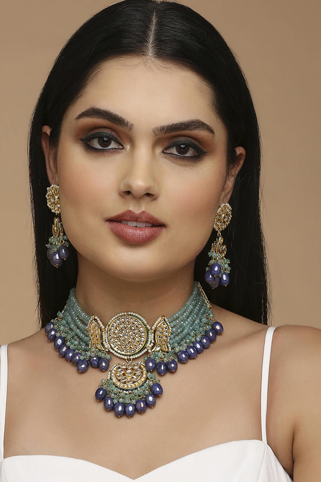 Two Tone Finish Aqua Imitation Kundan Polki Choker Necklace Set by Tad Accessories at Pernia's Pop Up Shop