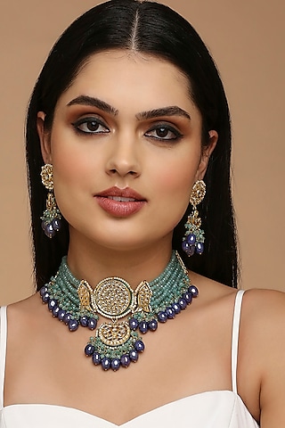Two Tone Finish Aqua Imitation Kundan Polki Choker Necklace Set by Tad Accessories