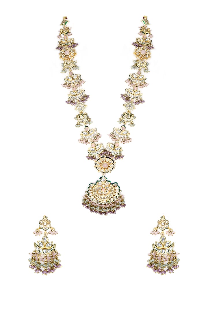 Gold Finish White Kundan Polki & Faux Pearl Meenakari Necklace Set by Tad Accessories at Pernia's Pop Up Shop
