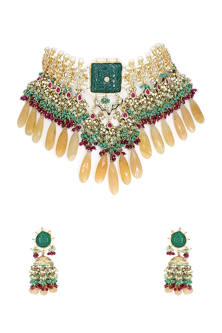 Gold Finish Green Quartz & Kundan Polki Necklace Set by Tad Accessories at Pernia's Pop Up Shop