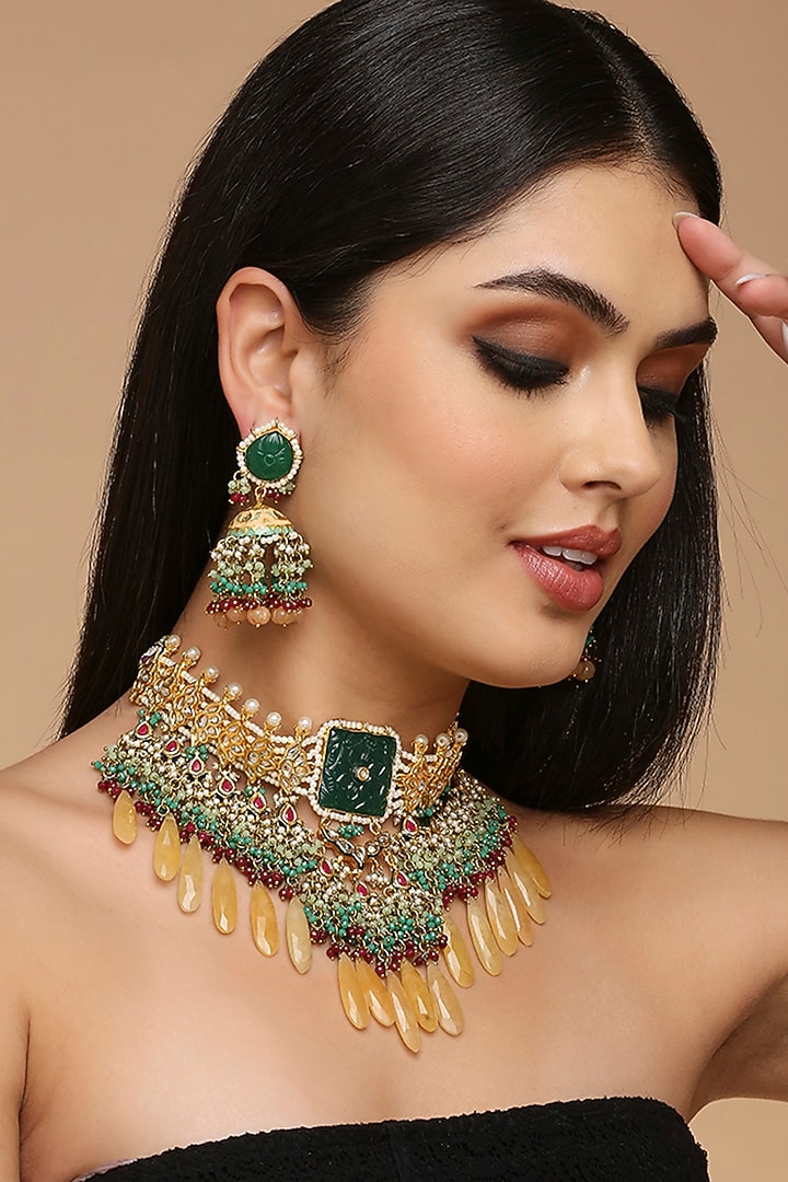 Gold Finish Green Quartz & Kundan Polki Necklace Set by Tad Accessories at Pernia's Pop Up Shop
