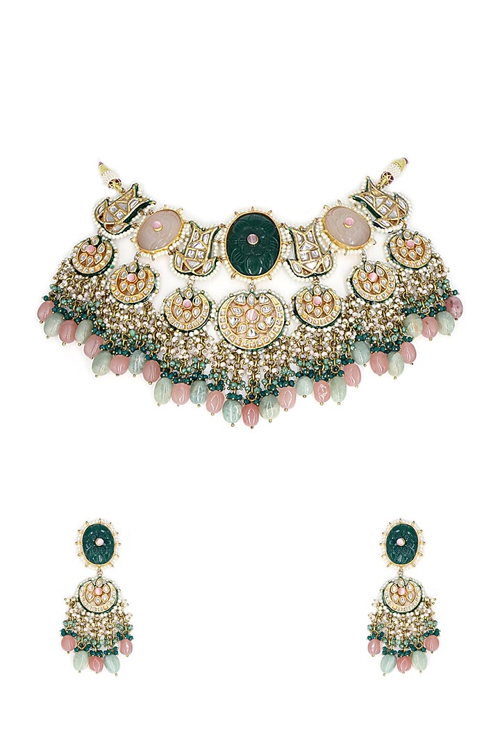 Gold Finish Green Kundan Polki Choker Necklace Set by Tad Accessories at Pernia's Pop Up Shop