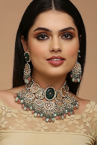 Gold Finish Green Kundan Polki Choker Necklace Set by Tad Accessories