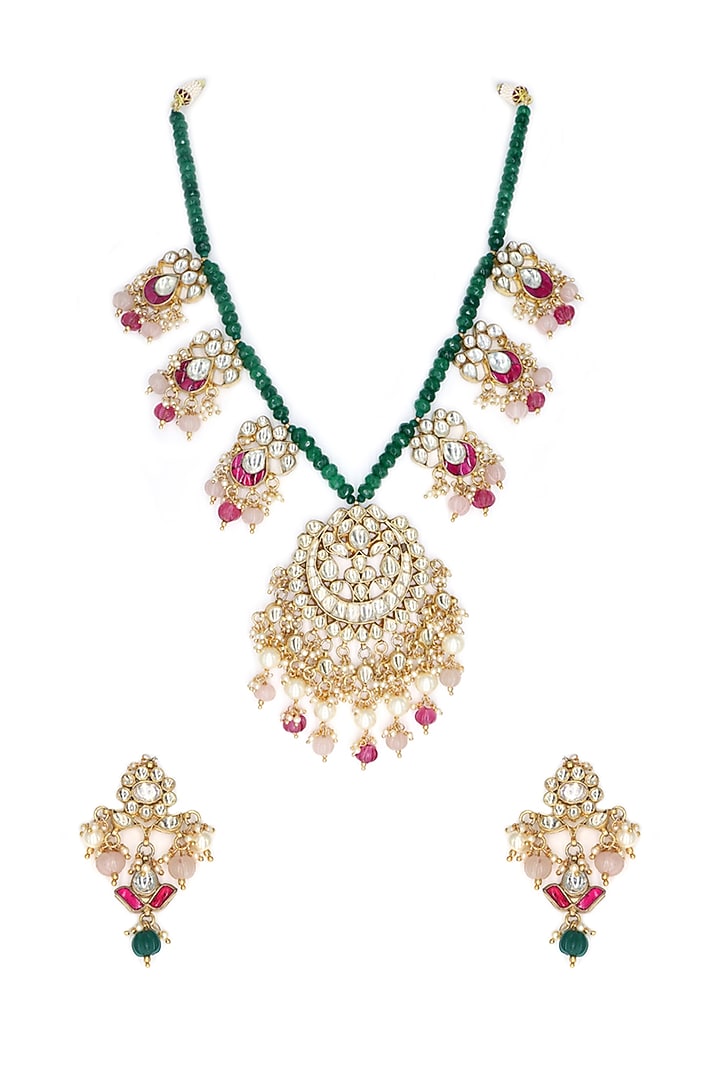 Gold Finish White Kundan Polki Necklace Set by Tad Accessories at Pernia's Pop Up Shop
