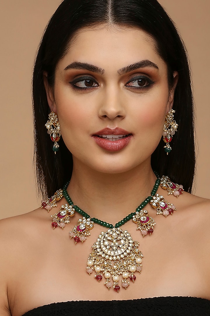 Gold Finish White Kundan Polki Necklace Set by Tad Accessories at Pernia's Pop Up Shop
