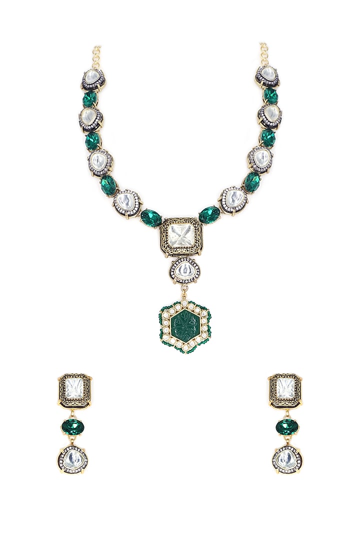 Two Tone Finish Green Kundan Polki Necklace Set by Tad Accessories at Pernia's Pop Up Shop