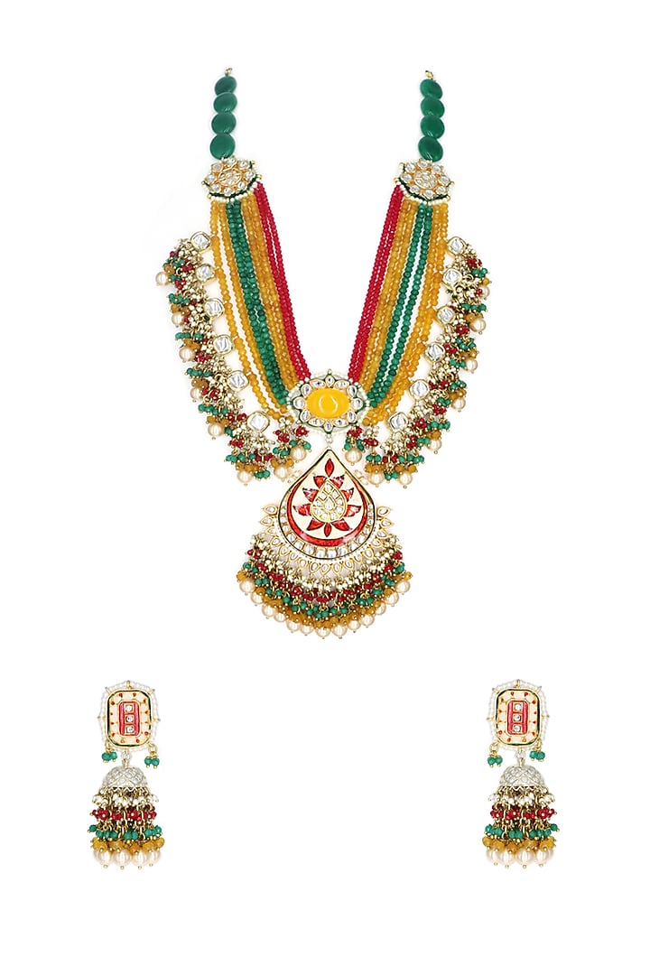 Gold Finish Multi-Colored Kundan Polki Necklace Set by Tad Accessories at Pernia's Pop Up Shop