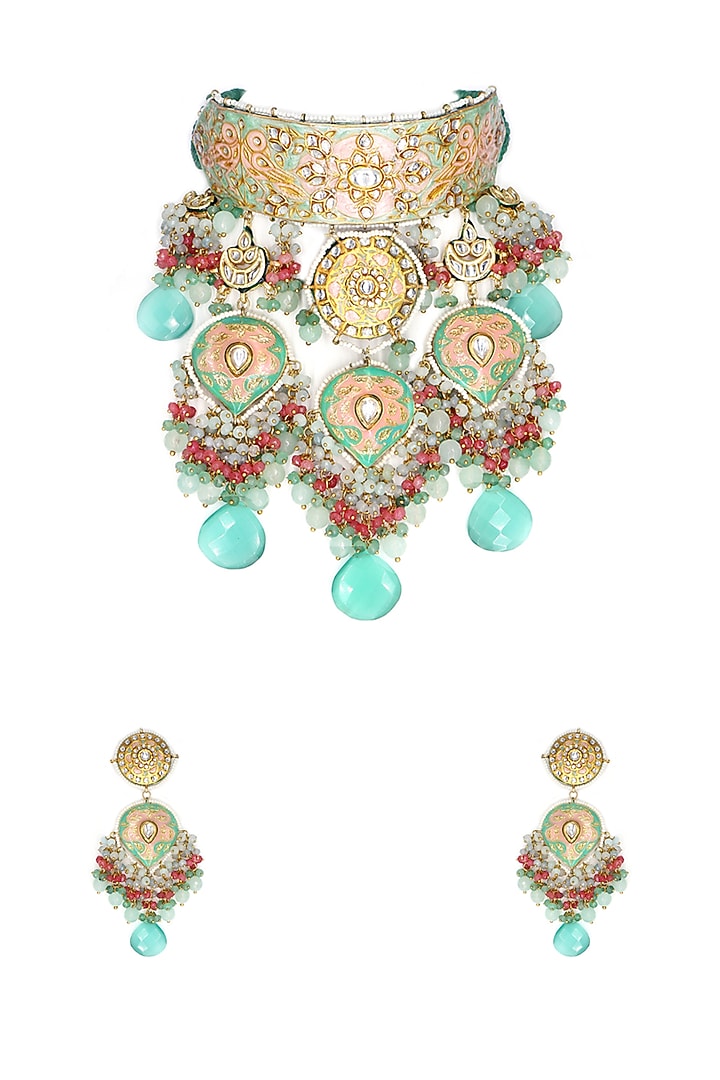 Gold Finish Aqua Kundan Polki & Semi-Precious Stone Choker Necklace Set by Tad Accessories at Pernia's Pop Up Shop