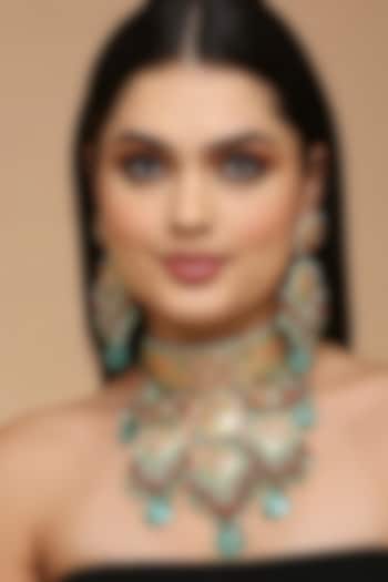 Gold Finish Aqua Kundan Polki & Semi-Precious Stone Choker Necklace Set by Tad Accessories at Pernia's Pop Up Shop