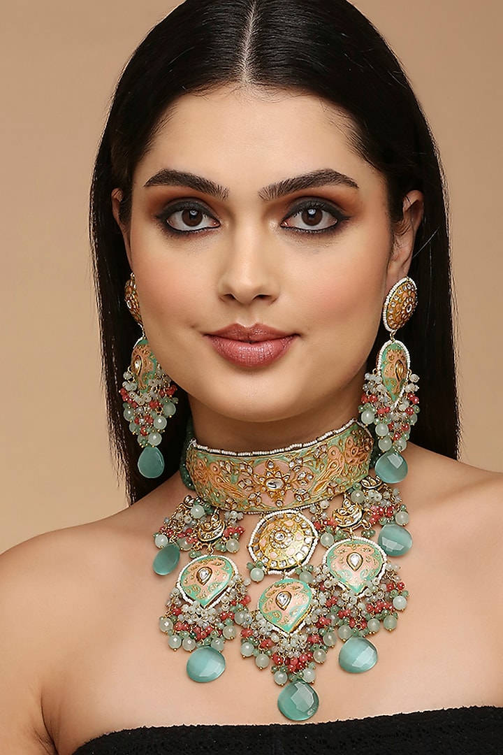 Gold Finish Aqua Kundan Polki & Semi-Precious Stone Choker Necklace Set by Tad Accessories at Pernia's Pop Up Shop