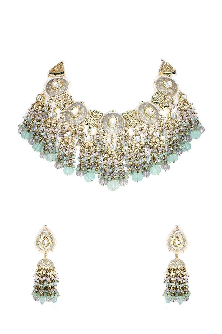Gold Finish Aqua Kundan Polki & Semi-Precious Stone Necklace Set by Tad Accessories at Pernia's Pop Up Shop