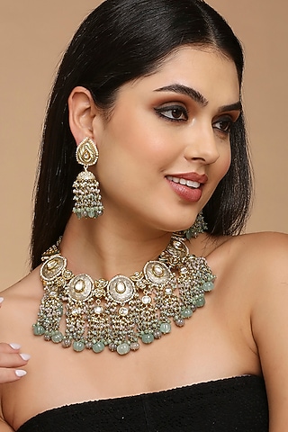 Gold Finish Aqua Kundan Polki & Semi-Precious Stone Necklace Set by Tad Accessories