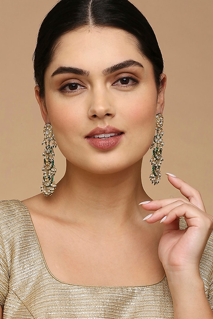 Gold Finish Kundan Polki Chandbali Earrings by Tad Accessories at Pernia's Pop Up Shop