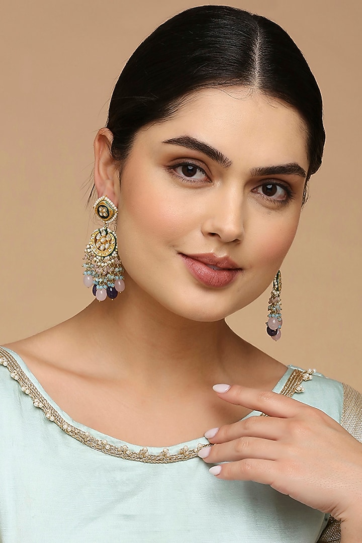 Gold Finish Kundan Polki Chandbali Earrings by Tad Accessories at Pernia's Pop Up Shop