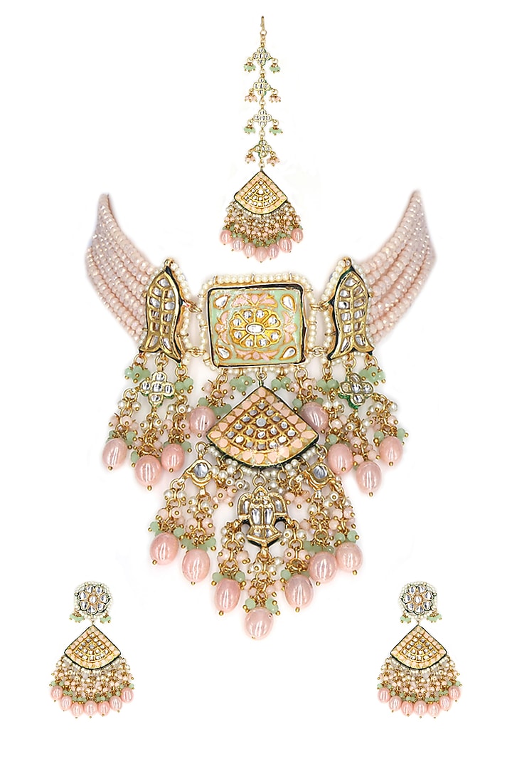Gold Finish Kundan Necklace Set by Tad Accessories at Pernia's Pop Up Shop