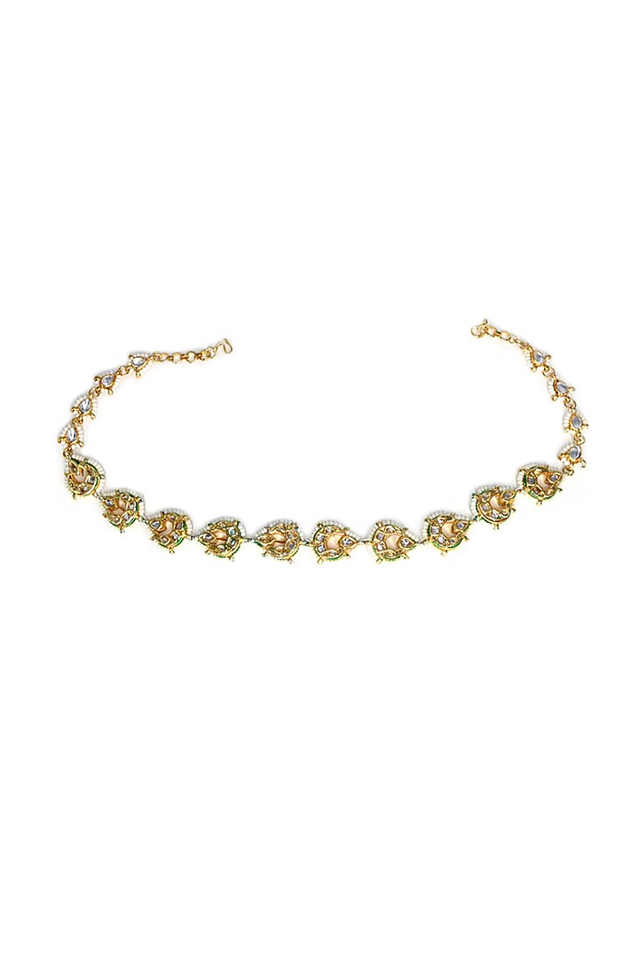 Gold Finish Kundan Polki & Pearl Mathapatti by Tad Accessories at Pernia's Pop Up Shop