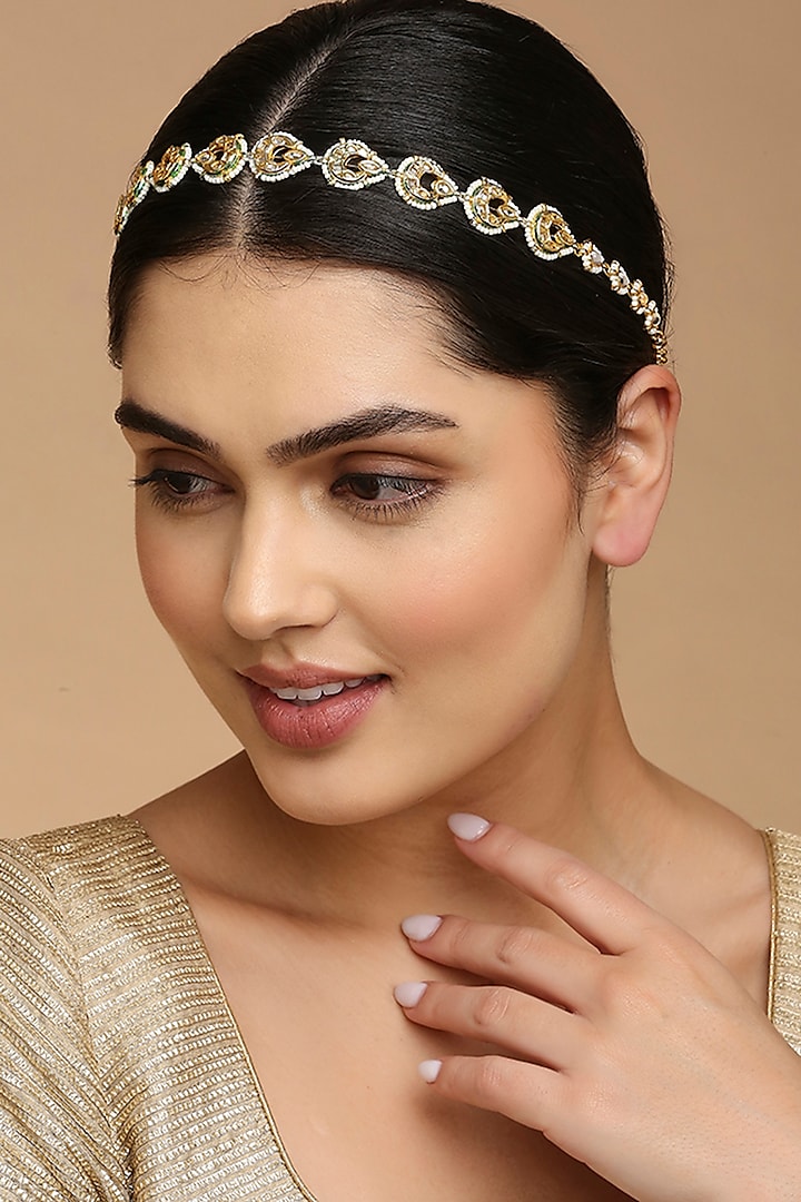 Gold Finish Kundan Polki & Pearl Mathapatti by Tad Accessories at Pernia's Pop Up Shop