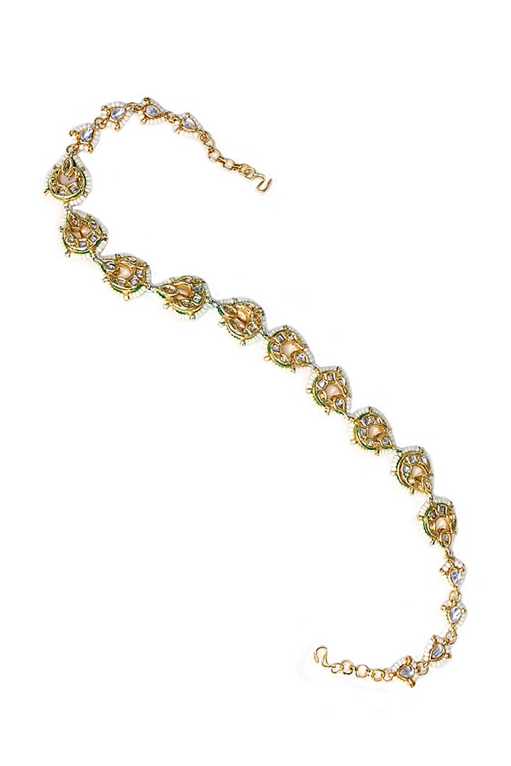 Gold Finish Kundan Polki & Pearl Mathapatti by Tad Accessories at Pernia's Pop Up Shop