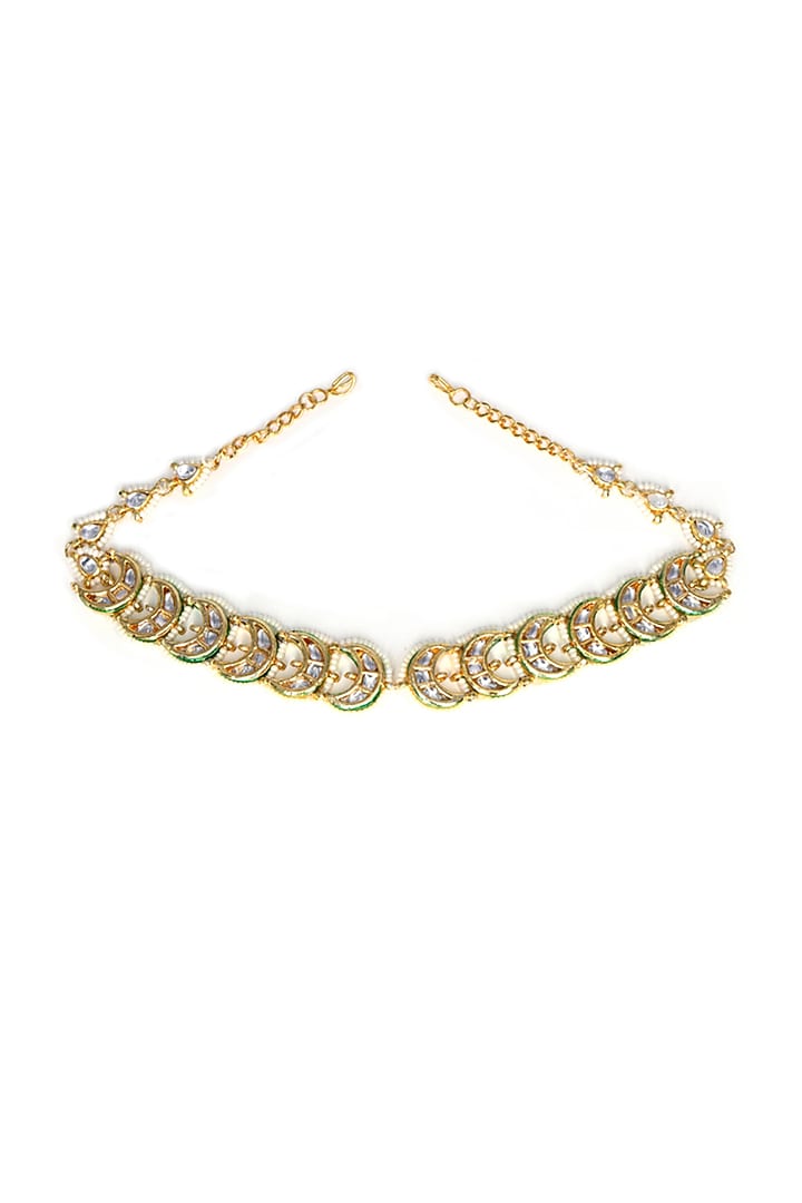 Gold Finish Kundan Polki & Pearl Mathapatti by Tad Accessories at Pernia's Pop Up Shop