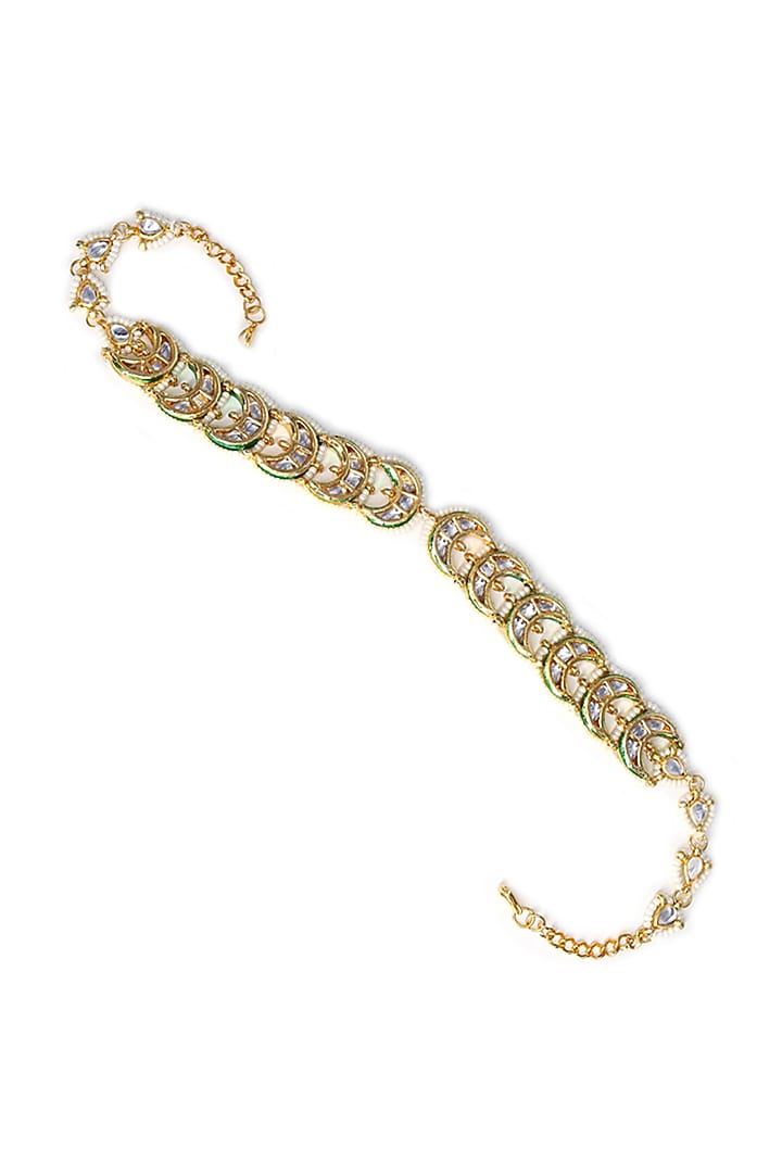 Gold Finish Kundan Polki & Pearl Mathapatti by Tad Accessories at Pernia's Pop Up Shop