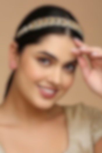 Gold Finish Kundan Polki & Pearl Mathapatti by Tad Accessories at Pernia's Pop Up Shop