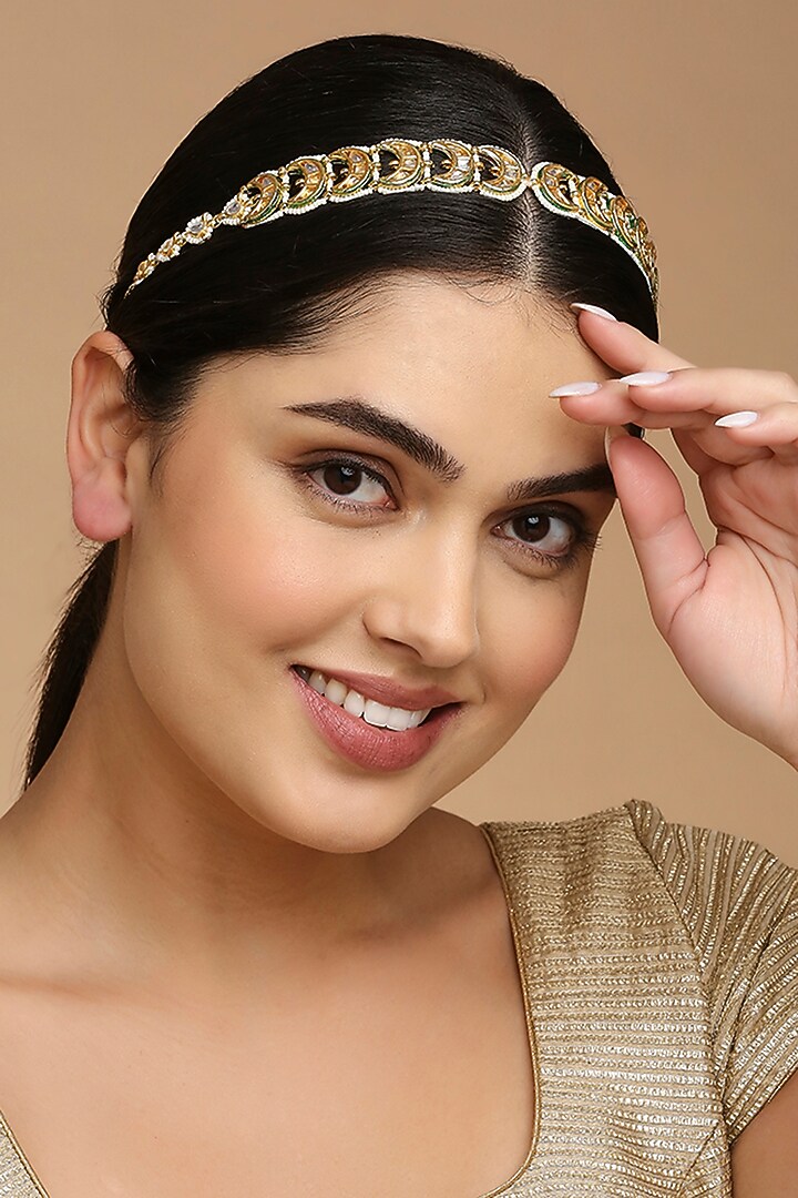 Gold Finish Kundan Polki & Pearl Mathapatti by Tad Accessories at Pernia's Pop Up Shop